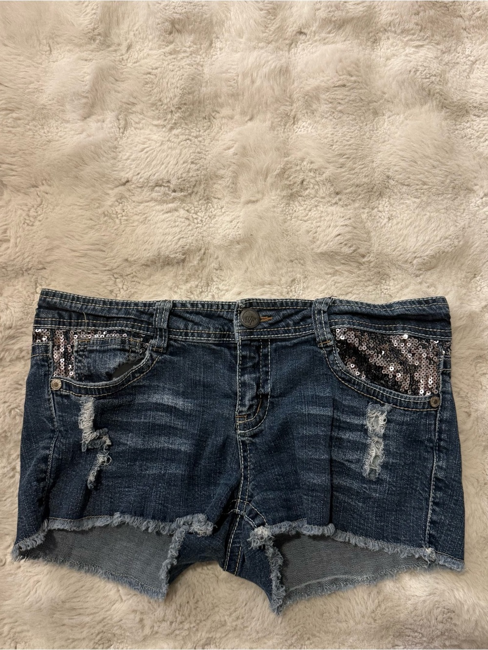 WallFlower Y2K Sequin Bling Distressed Denim Shorts